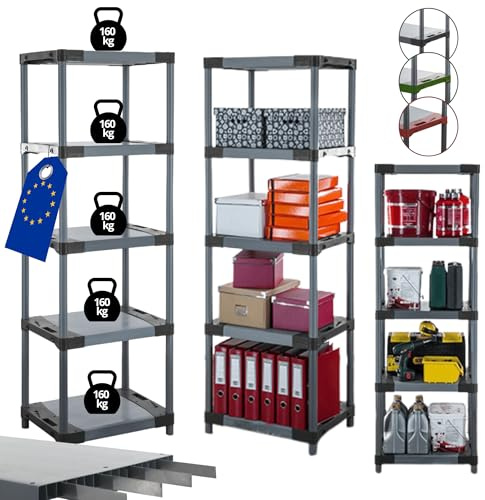 MODO24 Verstärktes Kunststoffregal Tytan 180x50x46 cm, 5 Ablagen à 160 kg | Schwerlastregal mit Metallverstärkung, für Keller, Garage, Werkstatt, Vorratsraum, modular erweiterbar, Farbe: Grau