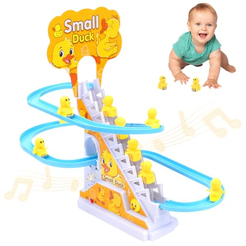 12 Stück Elektrische Ente Treppensteigen Spielzeug, Achterbahn Musik Ente Set , Entes Rollercoaster, Pädagogisches Spielzeug mit blinkenden Lichtern und Musik EIN-/Ausschalter