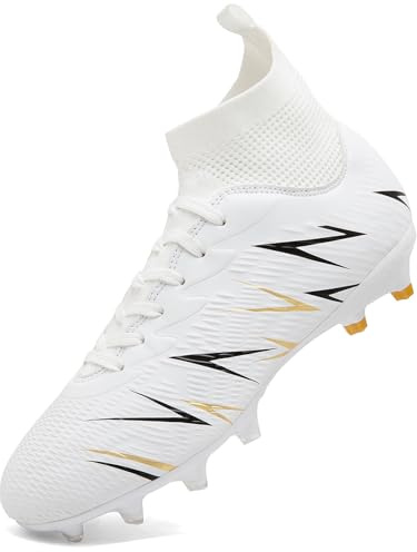 situkeke Mens Football Shoes Spike High Top Football Boots Astro Turf Trainers AG FG Soccer Cleats Boy's Professional Athletic Shoes,White2,EU43