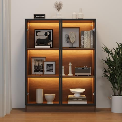 Generisch Glasvitrine mit Beleuchtung, Glasvitrine in Natural, Vitrinenschrank Natural, Sammlervitrine, Multifunktions-Glasschrank Stehend mit 3-stufigen Einlegeböden