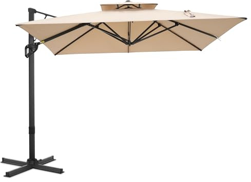 PHI VILLA Sonnenschirm Rechteckig, 360x270cm Ampelschirm Groß Wetterfest für Terrasse Garten, Sonnenschutz UV50+ 360-Grad Drehbar mit Fußpedal und Kreuzsockel