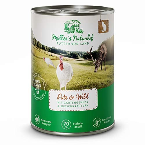 Müllers Naturhof - Nassfutter für Katzen - naturnahe Rezeptur - Wild & Pute - 6 x 400 g - getreidefrei - 70% Fleischanteil - ohne Tierversuche, Zucker, Farb-, Aroma-, & Konservierungsstoffe