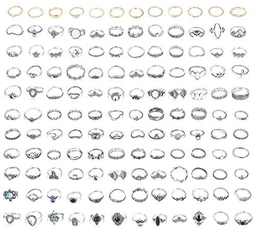LOYALLOOK 132PCS Bohemia Knuckle Ring Set Women Girls Hollow Silver Fashion Finger Rings Vintage Stackable Knuckle Midi Rings Set