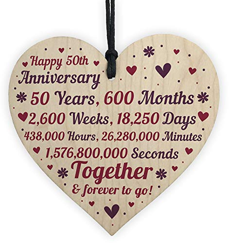 RED OCEAN Anniversary Handmade Wooden Heart To Celebrate Gold Golden 50th Wedding Anniversary For Husband Wife