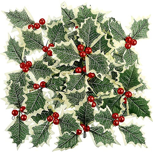 KHBNHJ Künstliche rote Beerenstiele mit grünen Blättern, künstliche Stechpalmen-Beerenstiele, künstliche Weihnachtsspieße für Weihnachtskranz, Basteln, Dekoration, 30 Stück