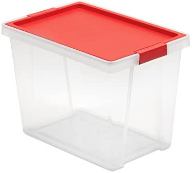 Tatay Caja de almacenamiento con tapa, capacidad de 15 litros, con asas, tapa de polipropileno reciclado, transparente, libre de BPA, rojo. Medidas 25 x 36 x 26 cm