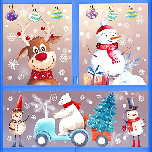 LinKecn Christmas Window Stickers - Watercolour Double Sided PVC Static Xmas Window Decals, 9 Sheets Reusable Glass Sticker Christmas Scene