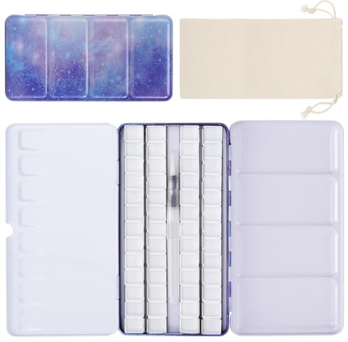 PEVART Empty Watercolour Paint Palette Case, Metal Water Colour Tin Box Palette with 52 Half Pans and Fold-Out Mixing Painting Tray-Portable Travel Watercolor Palette (Purple, Large)