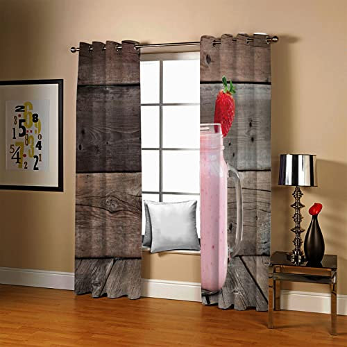 CILODO Rideau Occultant Planche en bois et milk-shake 3D Impression Rideaux Salon Moderne Thermique Isolant Anti Froid Polyester Rideaux De Fenêtre pour Chambre Cuisine Décoration 2 x L 132 x H 214 cm