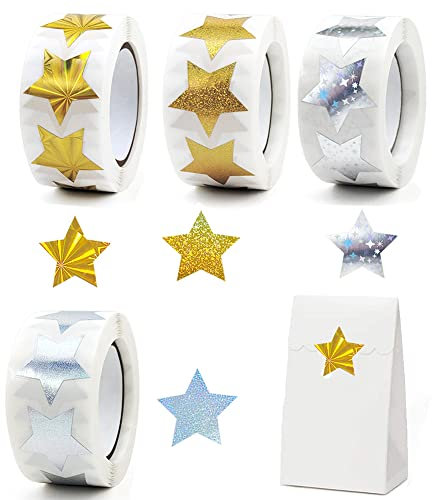 2000 Stück Sterne Aufkleber Rolle Gold Silber Lasersternaufkleber Stern Aufkleber 25mm Selbstklebende Glänzende Sterne Funkelnde Aufkleber Star Sticker Geschenkaufkleber für Geburtstag Party