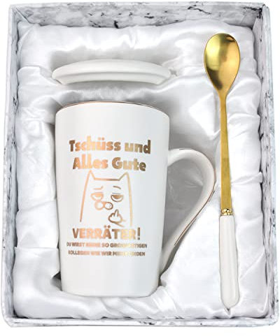 BOKALAKA Jobwechsel Abschiedsgeschenk für Kollegen, Kleine Geschenke Abschied Kollegen, Tasse für Abschied Kollegin - 400 ml Weiss Keramik Kaffeetasse mit Deckel