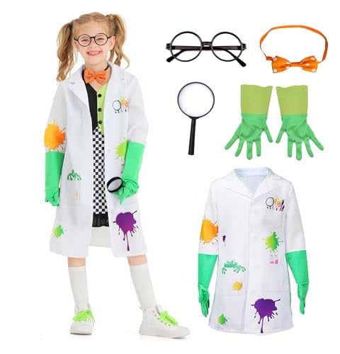 Wbesty Kids Mad Scientist Kostüm mit Brillengestell Fliege Handschuhe Lupenbrille 5Pc Kids Laborkittel Halloween Verkleidung