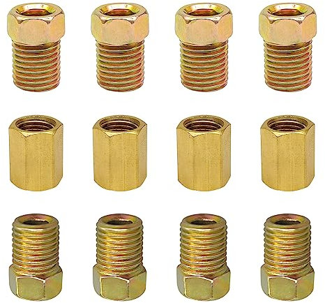 12 raccordi per tubi del freno con 4 raccordi e 8 dadi, 3/8 di pollice - 24 filettature, assortimento di raccordi per tubi del carburante per freni a svasatura invertita in ottone per tubo del tubo