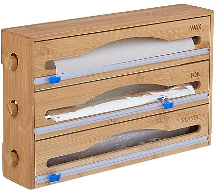 Relaxdays Taglia Pellicola da Cucina, Dispenser a Muro Porta Carta Forno e Stagnola, 23,5 x 39 x 9 cm, bambù, Naturale