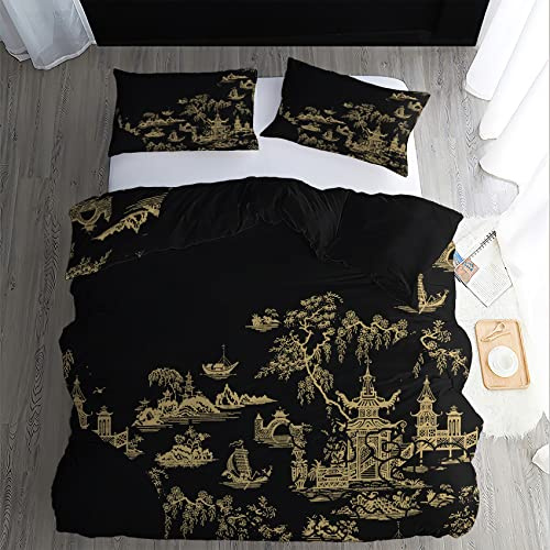 GEDAEUBA Bettwäsche 135x200 Japanisch - Schwarz Gold Bettbezug 135 x 200 2er Set, Wendebettwäsche und Kissenbezug 80x80, Weiche & Angenehme Mikrofaser Bettwäsche-Sets mit Reißverschluss