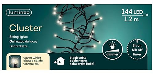 Lumineo Lichterkette Cluster warm weiß - 144 LEDs - 1,3 Meter - schwarzes Kabel - Indoor & Outdoor - Timer - dimmbar - IP44 Schutz