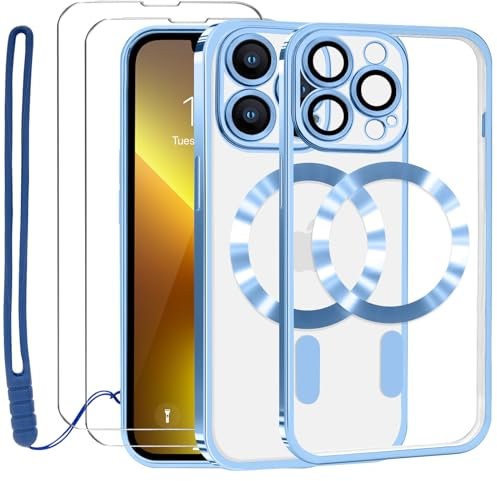Lafunda Coque pour iPhone 13 Pro Max avec 2×Verre Trempé et Caméra Protecteur Coque Compatible avec MagSafe Magnétique pour iPhone 13 Pro Max Film Protection D'écran Transparente Aimantée Bleu