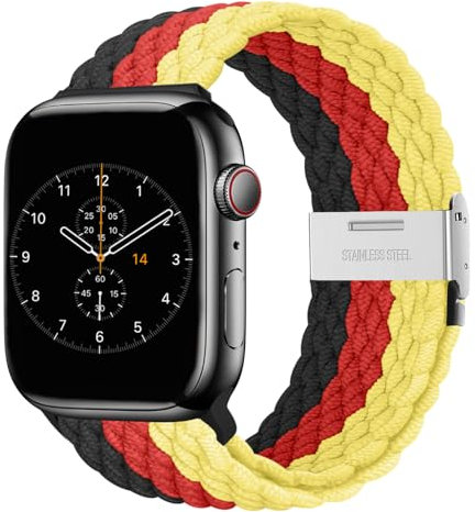 Nepfaivy Geflochtenes Armband Kompatibel mit Apple Watch Armband 45mm 44mm 46mm 49mm 42mm für Damen Herren, Nylon Stoff Sport Band für iWatch Series 10/9/8/Ultra/SE/7/6/5/4/3/2/1, Schwarz-Rot-Gelb