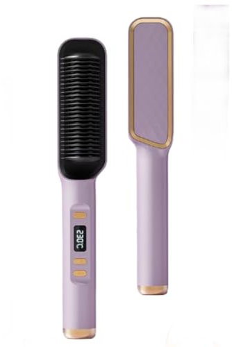 Mini Cordless Hair Straightener Brush for Short Hair, USB Rechargeable Travel Size Straightening Iron Comb with Ceramic Tourmaline Plates (Purple)