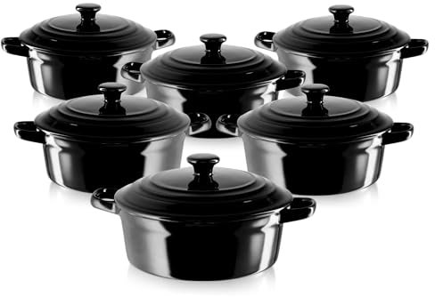 KHG Auflaufform mit Deckel 6er Set, Schwarz 0,5 Liter klein, Keramik Steingut rund, Servierform mit Griffen, ofenfest 200°C & mikrowellenfest, Mini-Schmortopf, Mini-Bräter, Mini-Cocotte