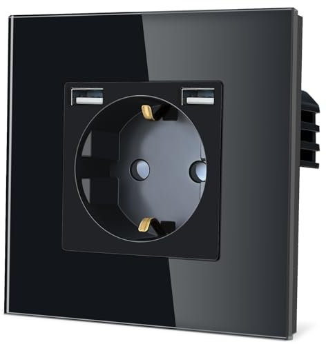 TAWOIA Schuko Steckdose mit USB(MAX 2,4A),EU-Standard 1 Fach Steckdosen mit Kristall Glas Platte Wandsteckdosen Schwarz 86 * 86mm
