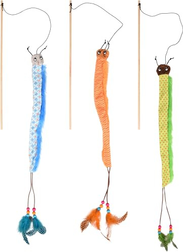 Flamingo Katzenspielzeug – Katzenangel Kirk mit Raupe 40cm – Mehrfarbig – Keine Farbauswahl möglich – Holz mit Textil, Knister, Bändern und Federn