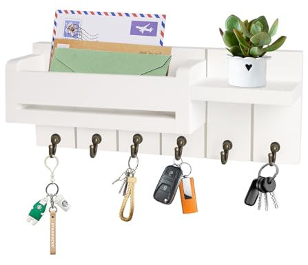 Key Holder for Wall - Wooden Key Hooks Wall Mounted with 6 Hooks, Key Rack and Letter Holder, Key Hook for Home Decor, Key Hanger with Coat Hooks, Key Holders for Bag/Glasses/Coin Purse/Potted Plant
