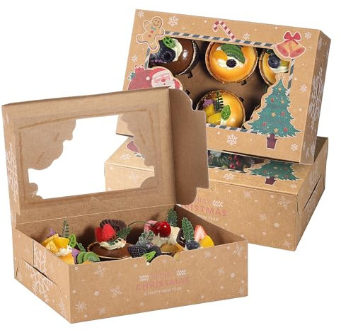 TsunNee 20PCS Christmas Cupcake Boxes 6 Hole Muffin Boxes with Inserts, Xmas Treat Boxes Gift Boxes, Cookies Gift Baking Box for Christmas Pastries Brownies Party Supply