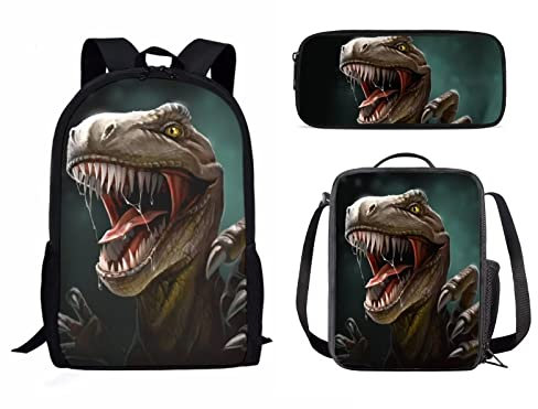 Juego de 3 mochilas de dinosaurio para niños, mochila escolar de dinosaurio aterrador, lonchera aislada, estuche para lápices, mochila de viaje para mujeres y hombres, bolsa de libros, organizador de