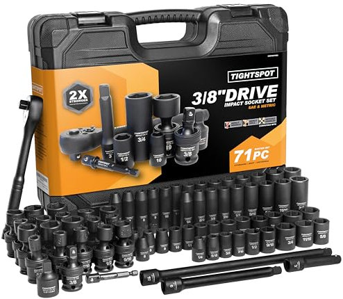 Tightspot 3 8 Drive 71Pc Impact Socket Master Set Inch Metric 1 4 3 4 6 19Mm Cr V Cr Mo Universal Joint Deep Standard Sockets 90 Tooth Ratchet Extensions Heavy Duty Mechanic Tool Kit