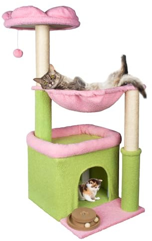 Fantasreen Árbol de flores para gatos, torre grande para gatos de 39.4 pulgadas con hamaca y condominio para gatos, árbol alto para gatos con juguetes para gatos grandes de interior, color rosa