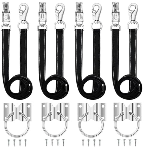 4 Pack Heavy Duty Cross Ties for Horse - Adjustable Nylon Cross Ties with Panic Snap and Bull Snap (143.5 cm-249.9 cm), All-in-One Set with 4 Pack Tie Rings & 16 Matching Screws Professional Horse