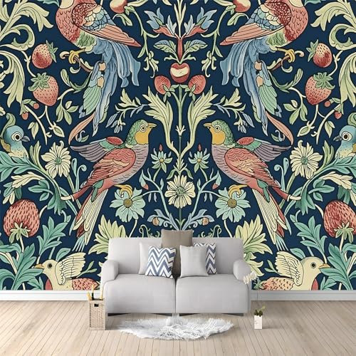 Fond D'Écran 3D William Morris Oiseaux Et Fraises Papier Peint Intissé Tapisserie Murales Panoramique Mur De Fond Tv 200 x 140 cm Papier Peint Poster Murales Vert et Bleu