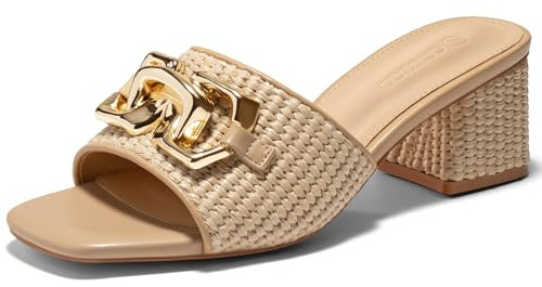 Coutgo Womens Raffia Slide Sandals Chunky Block Heeled Square Open Toe Metal Chain Slip on Mules Dressy Shoes, Khaki, Size 8
