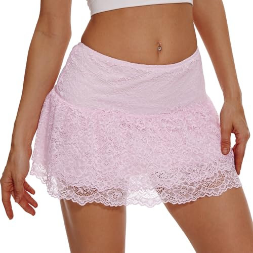 Eisnnu Mini Jupe en Dentelle pour Femmes Y2K Elastic Waist Layered Ruffled A Line Short Skirt for Out Streetwear,Club, Party (FR/ES, Alpha/Lettres, M, Taille Normale, Taille Normale, Rose)
