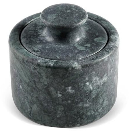 Koville Cantina per sale in marmo verde indiano con coperchio, 8,9 cm, contenitore per pepe e spezie per cucina, porta sale e pepe, scatola in pietra per bancone della cucina, barattolo per spezie
