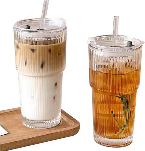 hosck 2 Stück Gerippte Glasbecher mit Deckel und Strohhalm, 600ml Eiskaffee Gläser, Matcha Gläser, Glas mit deckel und strohhalm, Spülmaschinenfeste Tassen, Trinkgläser für Kaffee, Saft, Tee, Cocktail