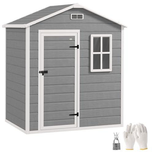 Outsunny 6 x 4ft Garden Shed, Plastic Shed with Floor, Window, Lockable Door and Vents, Wood Effect Resin Tool Shed for Outdoor, Grey