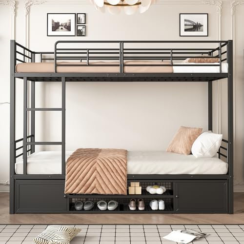 Jaxenor Etagenbett 90x200 mit Schuhschrank & Sicherheitsgitter, Etagenbett für 2 Personen (Schwarz, 90x200cm) | EN747-Zertifiziert | Eisenrahmen, Integrierter Stauraum, Eisen