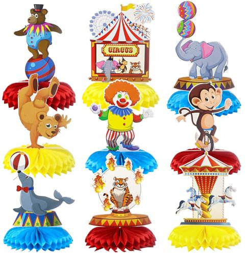 Mumjooyi 9 Stück Zirkus Clown Bienenwaben Faschingsdekoration Deko Fasching Clown Deko Geburtstag Bienenwabe Deko 3D Zirkus Deko für Tischdeko Tier Party Bienenwabe Mittelstücke Tischdeko