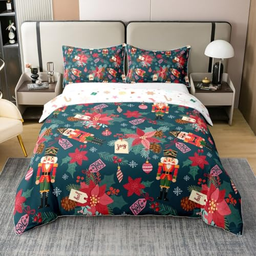 Loussiesd Christmas Nutcracker Bedding Set Single Size Merry Christmas Bedding 100% Cotton Duvet Cover Set Pink Xmas Deer Elk Decor Comforter Cover Set Bedspread Cover 2Pcs,No Comforter