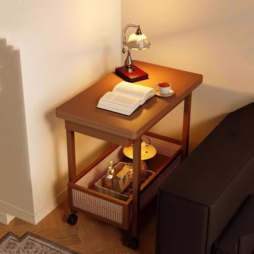 SanzIa Erweiterbar Zusammenklappbar Abnehmbar Sofa Couch Beistelltisch mit Abschließbaren Rollen, Couchtisch aus Nussbaum mit Stauraum, für Wohnzimmer, Arbeitszimmer, Büro