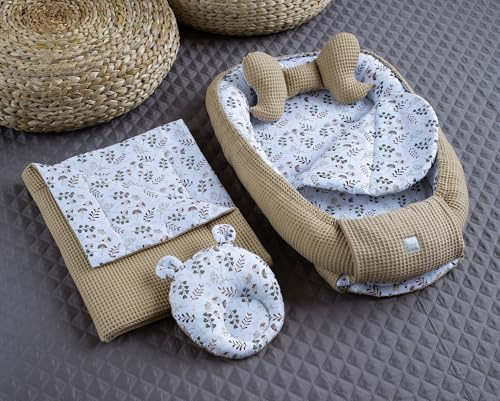 LOOLAY Babynest Set 85 cm x 60 cm - Baby nestchen Tragbar Nest aus Waffelpique Bio- Baumwolle - Babynestchen Neugeborene Handmade EU - Baby Nest 5 Teilig - Waffelpique Taupe/Blumen Braun