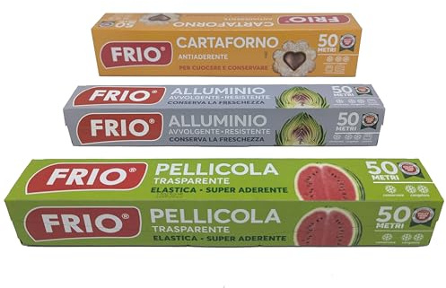 FRIO Family Pack 3 Rollen für die Küche, Maxi: Aluminium, Folie, Backpapier – 3 × 50 m (tot. 150 m), Familienformat für Lagerung, Kochen und langfristige Lagerung