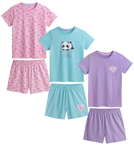 The Essentials Wardrobe 3 Pack Girls Shorty Pyjamas Sets 100% Cotton Comfortable Sleepwear with Elasticated Waist Short Sleeve Tops & Shorts Kids Nightwear Gift Set (UK, Age, 8 Years, 9 Years, Panda)