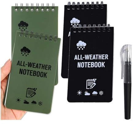 Wasserdichtes Notizbuch A7 Klein mit 1 Stift, 4 Stück Mini Notizblöcke | Wasserfestes Papier, Pocket Reporterblock mit Raster, Skala und Spiralbindung für Feldnotizen, Outdoor, Baustelle und Reisen