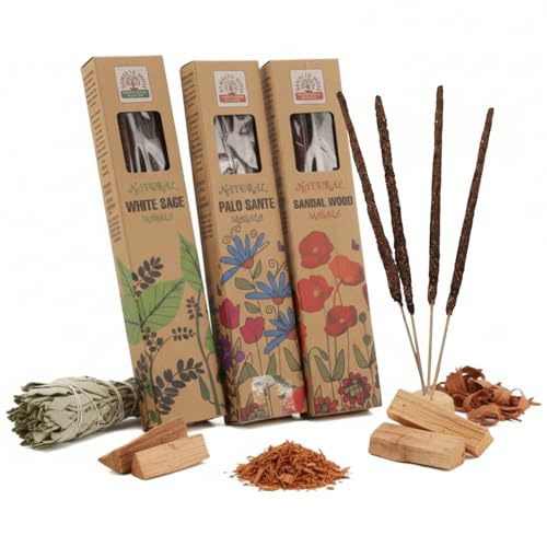Räucherstäbchen 3er Set - White Sage Palo Santo & Sandelholz | Handgerollte Masala Räucherstäbchen aus Indien, 75 g mit ca. 1 Std. Brenndauer für Ruhe, Yoga & Entspannung