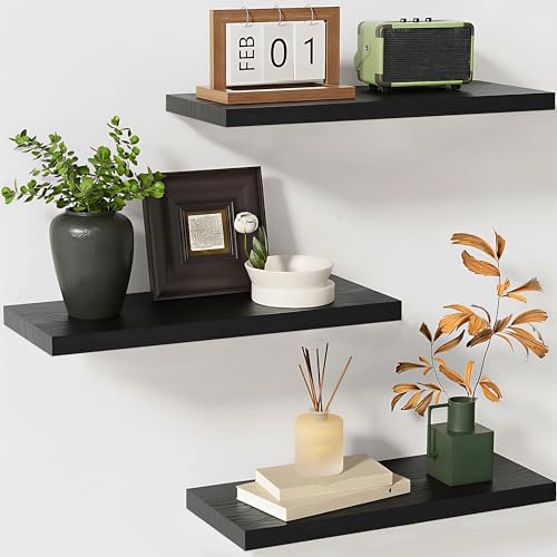 FREEAMG Wandregal Holz, 3er-Set Schweberegal Holzregal, Schwarz | Stabiles Regalbrett Holz für Schlafzimmer, Wohnzimmer, Badezimmer, Küche