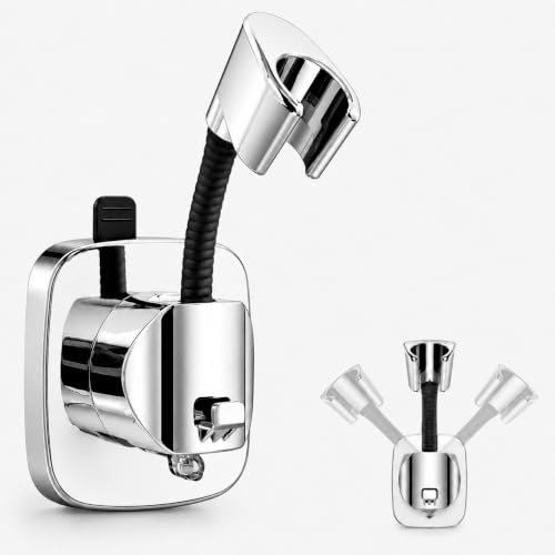 Support De Pommeau De Douche Rotatif À 360° Avec Ventouse, Fixation Murale Sans Percage, Réglable et Amovible, Base à Aspiration Forte, Crochets pour Salle de Bain, Argent