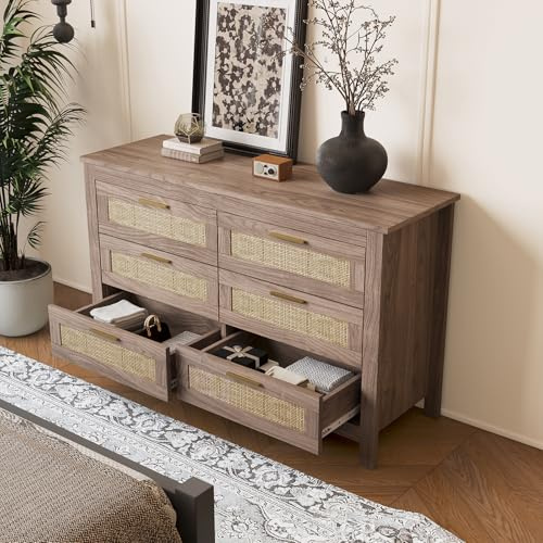 Ztexkee Chiffonnier Armoire de Rangement Commode avec 6 Tiroirs Style Champêtre Meuble TV pour Salon, Chambre 123x40x75 cm Marron
